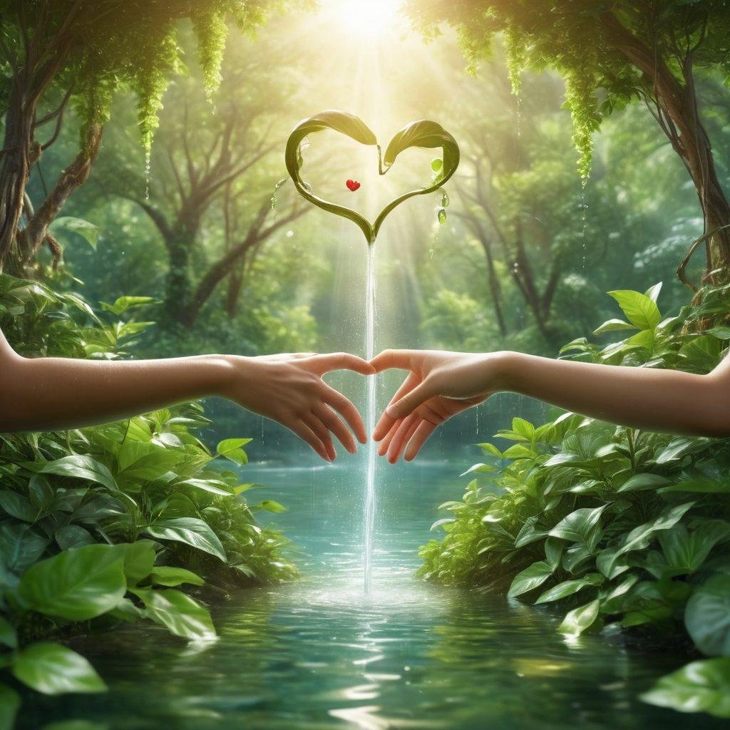 A romantic couple holding hands while surrounded by lush greenery and a flowing water filtration system, symbolizing purity and love. Incorporate heart shapes formed by leaves and water droplets, with soft sunlight filtering through the trees. The background should feature a serene landscape, enhancing the theme of eco-friendliness. super-realistic. vibrant colors. inspirational mood.