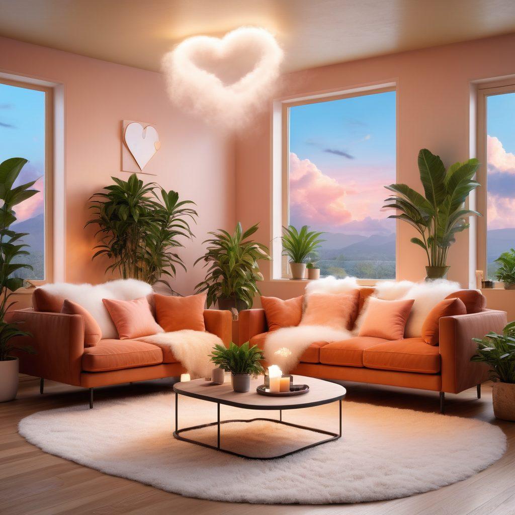 A cozy, modern living room with a couple enjoying quality time, surrounded by purifying air filters and lush indoor plants symbolizing fresh air and positive energy. A soft glow of warm lighting enhances the romantic atmosphere. In the background, a dreamy heart overlay made of gentle clouds symbolizes emotional healing and purification. super-realistic. warm colors. inviting ambiance.