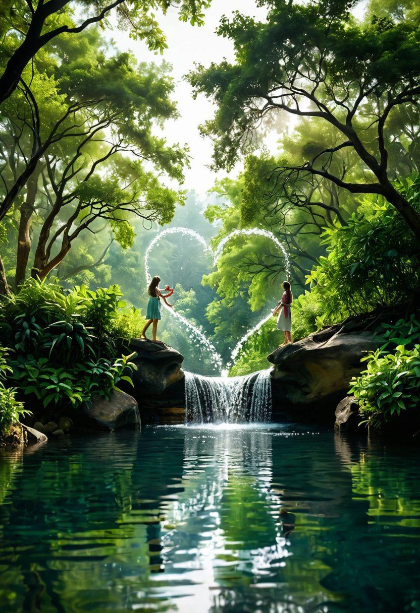 A breathtaking fusion of air and water, illustrating love intertwined with nature's elements. A graceful heart shape formed by clean water droplets, surrounded by lush greenery and a serene sky above. Design elements showcasing sustainable filtration solutions like eco-friendly water filters subtly integrated into the landscape. A young couple sharing a joyful moment amidst this harmonious setting, symbolizing the bond between love and environmental stewardship. vibrant colors. super-realistic. natural lighting.